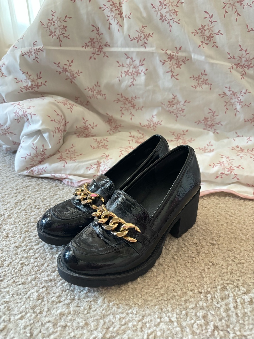 Limelight Black Patent Chunky-Heel Loafers with Gold Chain
